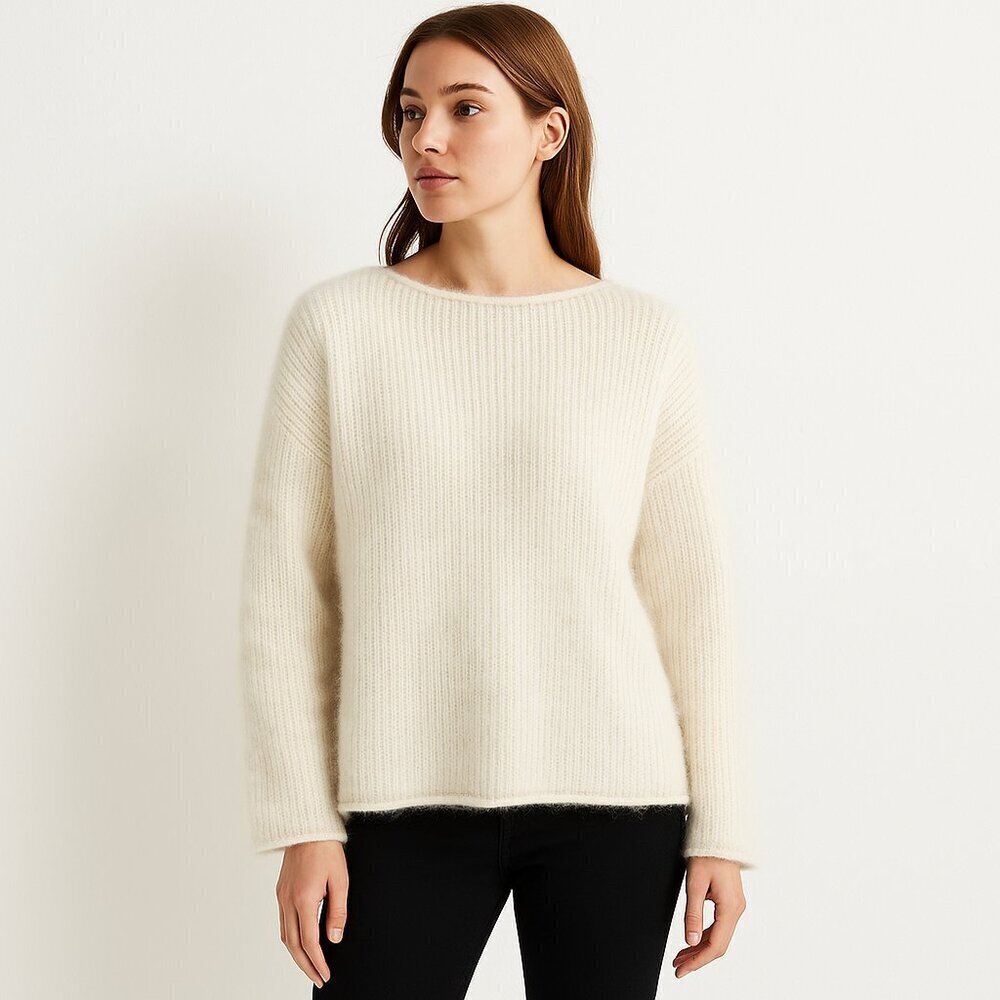Little Lies Ivory Scandi Rib Knit Sweater Fuzzy Soft Relaxed Minimalist S/M
